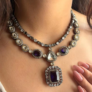 เซ็ตสร้อยคอชุบทอง14K ทำจากทองเหลืองสีม่วงสีม่วงหินประดับแบบไม่เจียระไนแบบวิกตอเรียอินเดีย - Product Image 1