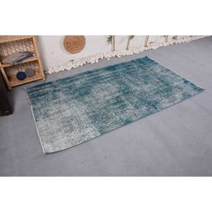 Alfombra turca Vintage moderna de 4,1x7,2 pies, hecha a mano, diseño clásico de retazos rectangulares, látex de poliéster de lana azul para la vida de los adolescentes - Product Image 3