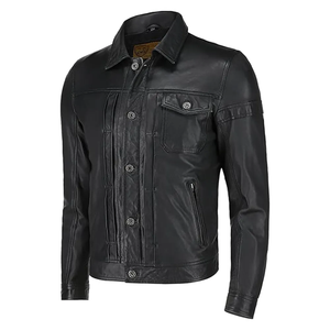 Veste de motard en cuir véritable noir pour homme, col rabattu, fermeture à boutons, coupe classique, style moto, vêtement d'automne - Product Image 1