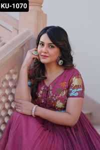 Most Beautiful Indian Ethnic Wear <b>Silver</b> Crunchy Fabric anarkali Fancy Gowns with Embroidery Work Fancy Round Neck Indian Gowns - Product Image 2