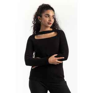 Suéter de Punto con Cuello Recortado Estilo Vintage Y2K para Mujer, Color Negro 224-211-049, con Logotipo Frontal a la Moda para Otoño Invierno - Product Image 3