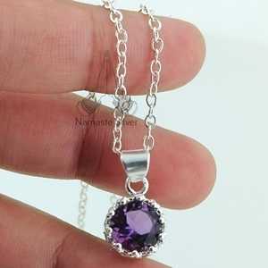 Handmade Dainty Amethyst 925 Sterling Silver Pendant Chain Necklace Bezel Setting Gemstone <b>Locket</b> Birthday Anniversary Gift for - Product Image 3
