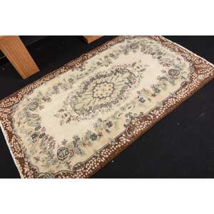 Classic <b>Brown</b> Beige 3.8 X 6.5ft <b>Wool</b> Rug Turkish Patchwork Design for Entryway Living Room or Bedroom Latex Backing - Product Image 2