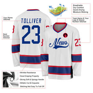 Maillots de hockey sur glace Sustainabe White & Blue Sublimation Design Maillots de hockey sur glace de haute qualité avec logo personnalisé Maillots de hockey lavés à séchage rapide et col en V - Product Image 2