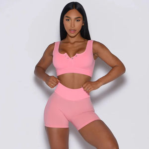 Logotipo personalizado Peach Burst figura Scrunch pantalones cortos y Sujetador deportivo a presión conjuntos de mujer transpirable entrenamiento gimnasio conjunto de 2 piezas conjunto de mujer - Product Image 1