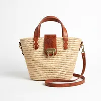Sac fourre-tout décontracté en raphia tressé avec deux poignées, doublure en coton, sac à bandoulière portable, fermeture à fermoir, sac à bandoulière croisé, pour la plage et usage quotidien ANA