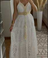 Robe Bohème de Mariage Keloid pour Femme, Robe Longue Bohème Maxi Miss Charm Paris, Dentelle Blanche, Crochet, Pompons, Bretelles, Écologique et Naturelle