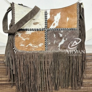 Bolso Bandolera de Cuero Vacuno Genuino Estilo Occidental con Flecos y Parches, Bolso de Hombro de Gamuza de Lujo para Mujer - Product Image 1