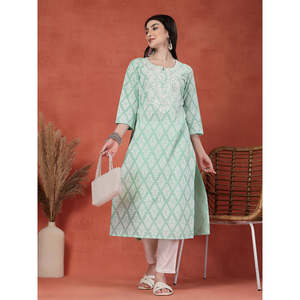 ชุดคุर्ตาผ้าฝ้ายทรงตรงสำหรับผู้หญิง ลายดอกไม้ คอวี แต่งดิ้น ระบายอากาศได้ดี เอวทรงธรรมชาติ - Product Image 6