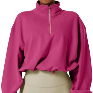 Femmes 100% coton athlétique Crop sweat col haut à manches longues goutte-épaule à capuche avant demi fermeture éclair hauts courts pour l'hiver - Product Image 1