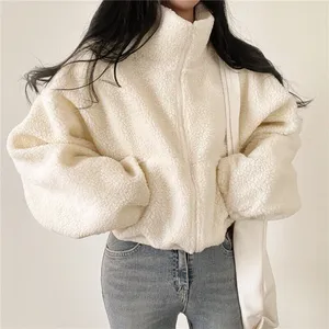 Custom Women Knitted Denim Crop Jacket | Oversized Breathable Hooded Short Coat | Fuzzy Autumn Winter Streetwear <b>Covered</b> <b>Button</b> - Product Image 3