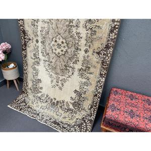 Turkish Rug, 3.8x7 ft Vintage Rug, <b>Brown</b> Beige Striped <b>Wool</b> Rug - Product Image 4