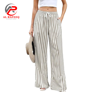 White Color Print Zipper Fly Flat Front High Waist Full Length <b>Formal</b> Spandex/Polyester Pants <b>Trousers</b> for <b>Women</b> - Product Image 1