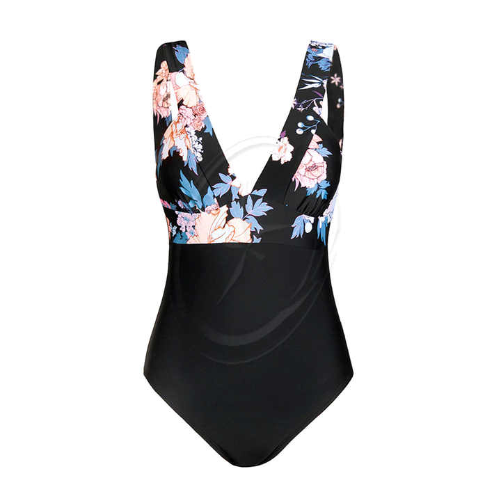 Cut Out Back Monokini Swimwear New Bathing Suit Beachwear Plunge Neck Black Floral Swimsuit for Women Sexy