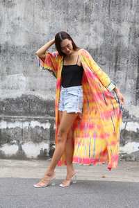 OEM Service Women Batwing Sleeve <b>Long</b> <b>Cardigan</b> Bohemian Oversized Tie Dye Solid Natural Waist Cotton Beach Kimono Maxi <b>Dress</b> - Product Image 3