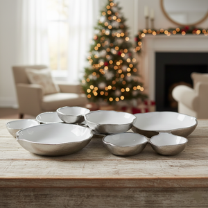 Ensemble de 9 bols de service en aluminium moulé avec finition émail blanc et or, décoration dorée moderne, vaisselle de mariage, centre de table, bol en grappe - Product Image 6