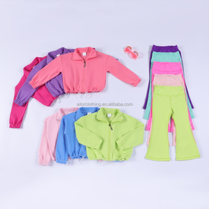 Girls Yoga Sports Set Stand Collar full zip Slim Fit <b>Cropped</b> <b>Top</b> with Tight Flared Pants Drawstring Hem Dance Wear Custom - Product Image 4