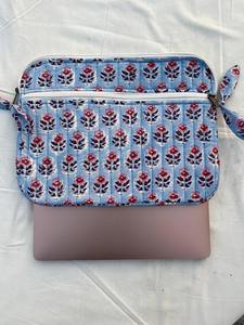 Handmade <b>Quilted</b> Cotton Laptop Sleeve Blue Floral Block Print Eco-Friendly Durable Lightweight Business Modern Vintage Simple - Product Image 2