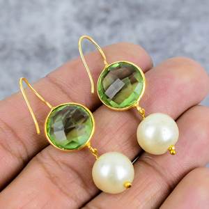 Peridot Quartz & Pearl Round Shape Gemstone Gold Plated 925 Sterling <b>Silver</b> Earring Wire Earrings Gift for Women Wedding Earring - Product Image 4