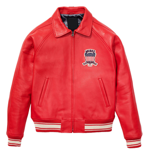 Veste en cuir léger rouge écologique Avirex Bomber en cuir PU pour hommes édition limitée fermeture à glissière de style vintage - Product Image 1