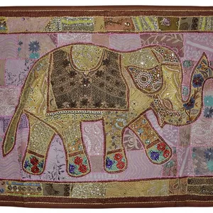 Tapiz colgante de pared de elefante a mano bordado, Parche de lentejuelas, camino de mesa de retazos, tapices, bordado étnico decorativo
