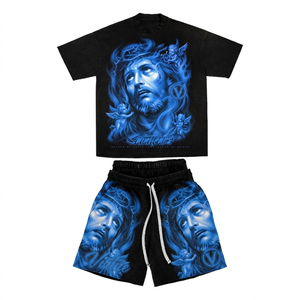 Premium 240 GSM cotton oversized tshirt and shorts set vintage wash black green graphic print custom screen print 2 Pieces Sets - Product Image 1