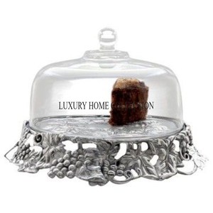 Gran cúpula de comida de metal hecha a mano con tallas florales antiguas, tapa de cristal para arreglos de banquetes de boda, comedores Premium - Product Image 1