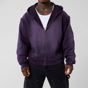 Streetwear personnalisé sweat à capuche avec fermeture éclair et rivets pour hommes éclaboussures de peinture délavée à l'acide couture inversée sweat à capuche épais éponge française pour hommes - Product Image 1
