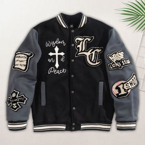 แจ็กเก็ตเบสบอลทีมตัวแทนนักเบสบอลของผู้ชายแบบสั่งทำลายการ์ตูนผ้าซาตินแขนหนังย้อมสีล้วนสำหรับใช้ในฤดูหนาว - Product Image 5