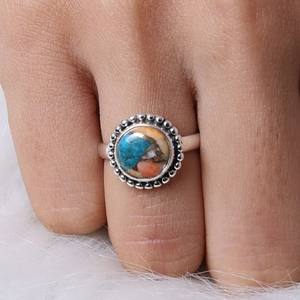 High Quality 10mm Beaded Baho Bezel Setting Solid 925 Sterling Silver <b>Ring</b> with Spiny Oyster Copper <b>Turquoise</b> for Women - Product Image 6