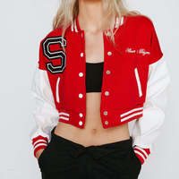 Blouson Bomber Universitaire Vintage Personnalisé OEM pour Femme, Style Letterman Brodé, Tricoté, Respirant, Imperméable, Hiver