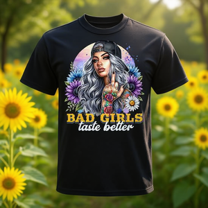 T-shirt con umorismo sarcastico 'Bad Girls Taste Better', T-shirt promozionale con girasoli - Product Image 3