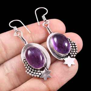 Pendientes Colgantes de Amatista con Dije de Estrella de Plata de Ley, Estilo Minimalista, Joyería Artesanal con Piedras Preciosas, Elegantes para Fiesta, para Mujer - Product Image 1