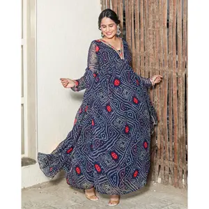 Conjunto de Traje Bandhani Azul para Mujer, con Bordado, Estampado Floral con Volantes, Largo hasta la Rodilla, Elegante, Tradicional, Étnico - Product Image 3