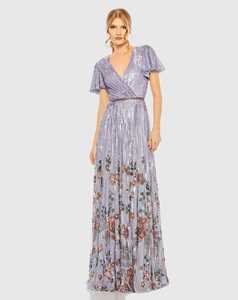 ชุดราตรียาวครึ่งแขนยาวถึงพื้นประดับเลื่อมลูกปัดและลูกปัดที่ไหล่ลายดอกไม้หรูหรา - Product Image 1