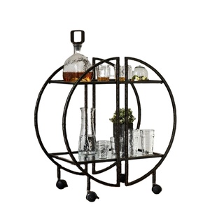 Wine Storage Portable Transportation Serving Kitchen Hotel <b>Cart</b> Round 2 Tier Trolley <b>Black</b> Luxury Restaurant Modern <b>Bar</b> <b>Cart</b> - Product Image 1