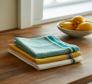 Ensemble de serviettes à motifs quadrillés en turquoise, jaune et blanc vifs. Toucher doux. Disponible à prix de gros. - Product Image 1