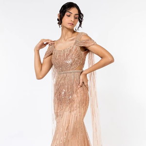 Vestido de novia elegante de lujo con cuentas y mangas de capa Vestido de noche largo de sirena de hadas con decoración de encaje y lazo - Product Image 1