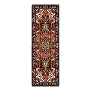 Alfombra de Lana Anudada a Mano de Estilo Vintage, Rectangular, con Patrón de Medallón, Borde Rojo Marrón, para Pasillo - Product Image 1