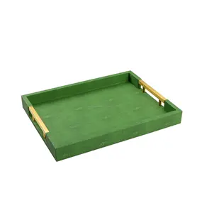 绿色托盘，带手柄15.7X118英寸装饰托盘咖啡桌现代人造革矩形托盘搁脚凳