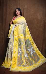 Sari Khadi con estampado de bloques para mujer, Sari tradicional hecho a mano amarillo granate, sari de algodón Khadi amarillo ligero - Product Image 4