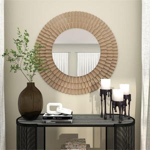 Modern Gold Wooden 42\" x 2\" x 42\" <b>Large</b> Ripple Room <b>Wall</b> <b>Mirror</b> Farmhouse Bathroom Decorative <b>Mirror</b> with Layered Design - Product Image 2