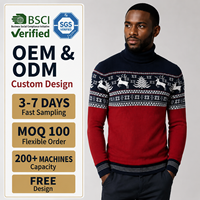 Pull de Noël personnalisé pour homme, col roulé, jacquard, motif Fair Isle, rennes, flocons de neige, tricoté, color block, pull d'hiver