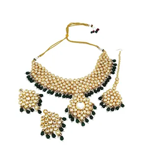 Ensemble de collier et pendentif Meenakari plaqué or 24 carats, orné de perles blanches et de pierres Kundan vertes, pour femmes, bijoux raffinés pour mariage - Product Image 5