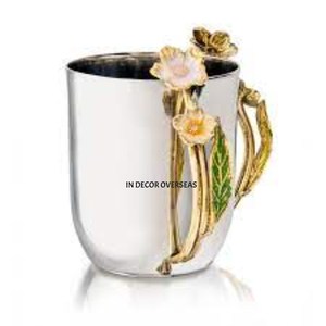 Silver Shiny Polished Luxurious Quality Metal Fancy Drinkware <b>Mug</b> With Gold Plated Flowers Designer Handles In Impressive Price - Product Image 1