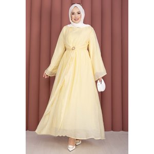 <b>Custom</b> Designed Yellow Chiffon A-Line <b>Dress</b> High Collar Gold Brooch Integrated Bolero Empire Long Floor-Length Available XS XL - Product Image 4