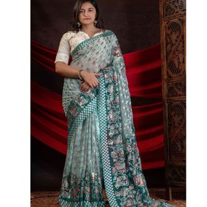 Sari de Brasso negro tradicional con motivos florales de trabajo de lámina Textura de Georgette transparente Pallu rico y eventos étnicos de frontera clásica - Product Image 1