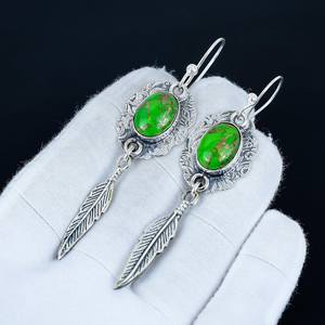 Boucle d'oreille en pierre précieuse turquoise cuivre vert, argent sterling 925, crochet de créateur, boucle d'oreille faite à la main, bijoux cadeau pour la Saint-Valentin - Product Image 2