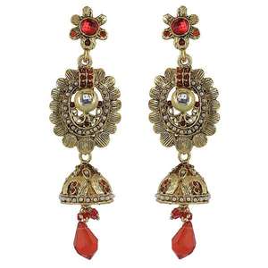 Pendientes colgantes finos Kriaa, piedra austriaca roja con chapado en oro antiguo, modelo 1301903 - Product Image 1