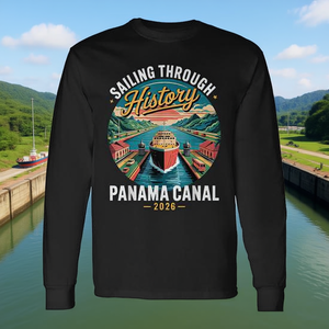 T-shirt a maniche lunghe promozionale stile vintage 2026: Navigazione retrò sul Canale di Panama - Product Image 3